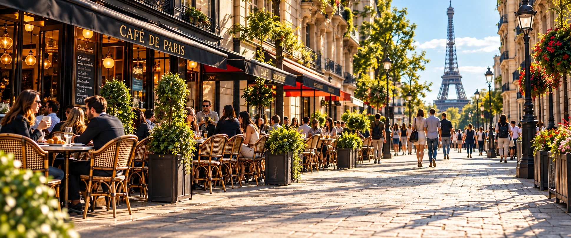 Café bên phố Paris và tháp Eiffel trong ánh nắng